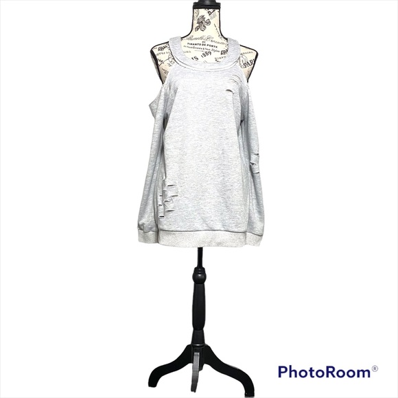 Cezelle Collection Womens Cold Shoulder Long Sleeve Distressed Sweatshirt - Picture 1 of 6